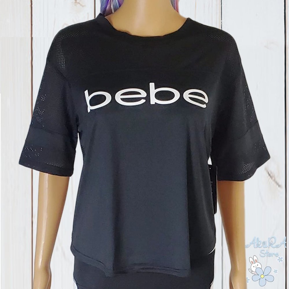 NWT BEBE AUTHENTIC WOMEN'S BLACK SPORT FOOTBALL MESH SHORT SLEEVE T-SHIRT